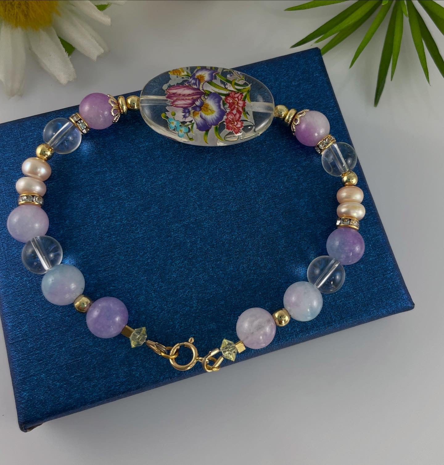 Japanese Tensha Flower Bead & Lavender Jade, Quartz, Pearls 18k Gold Filled Beaded Bracelet
